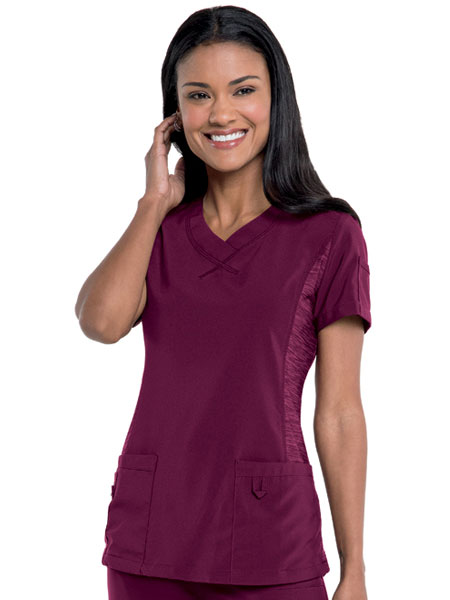 Women's Curved Knit Panel V-Neck Solid Scrub Top